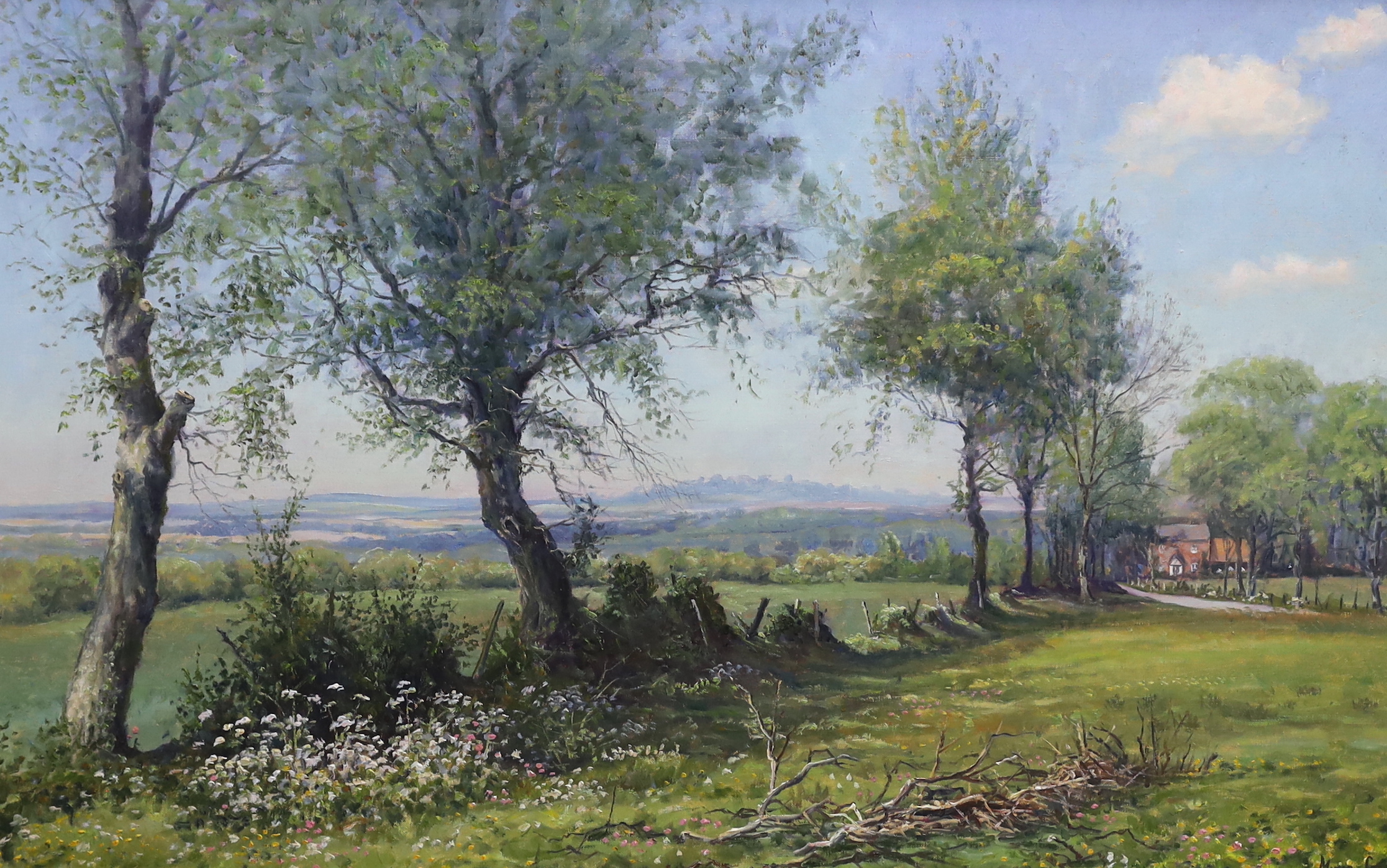Mervyn Goode (b.1948), oil on canvas, 'Sunshine on the spring flowers', signed and inscribed verso, 50 x 80cm